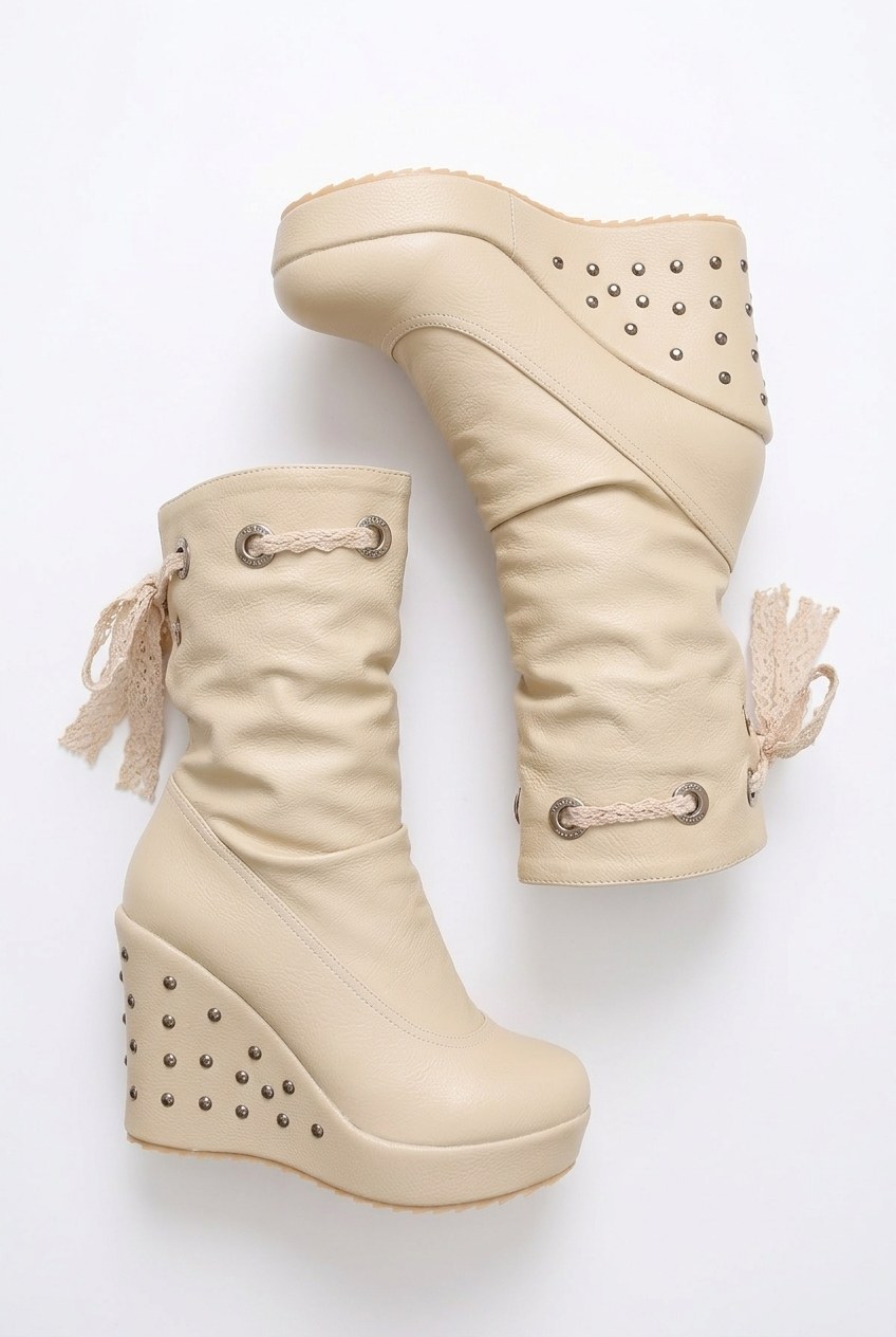 Studded Lace-Up Detail Wedge Boots