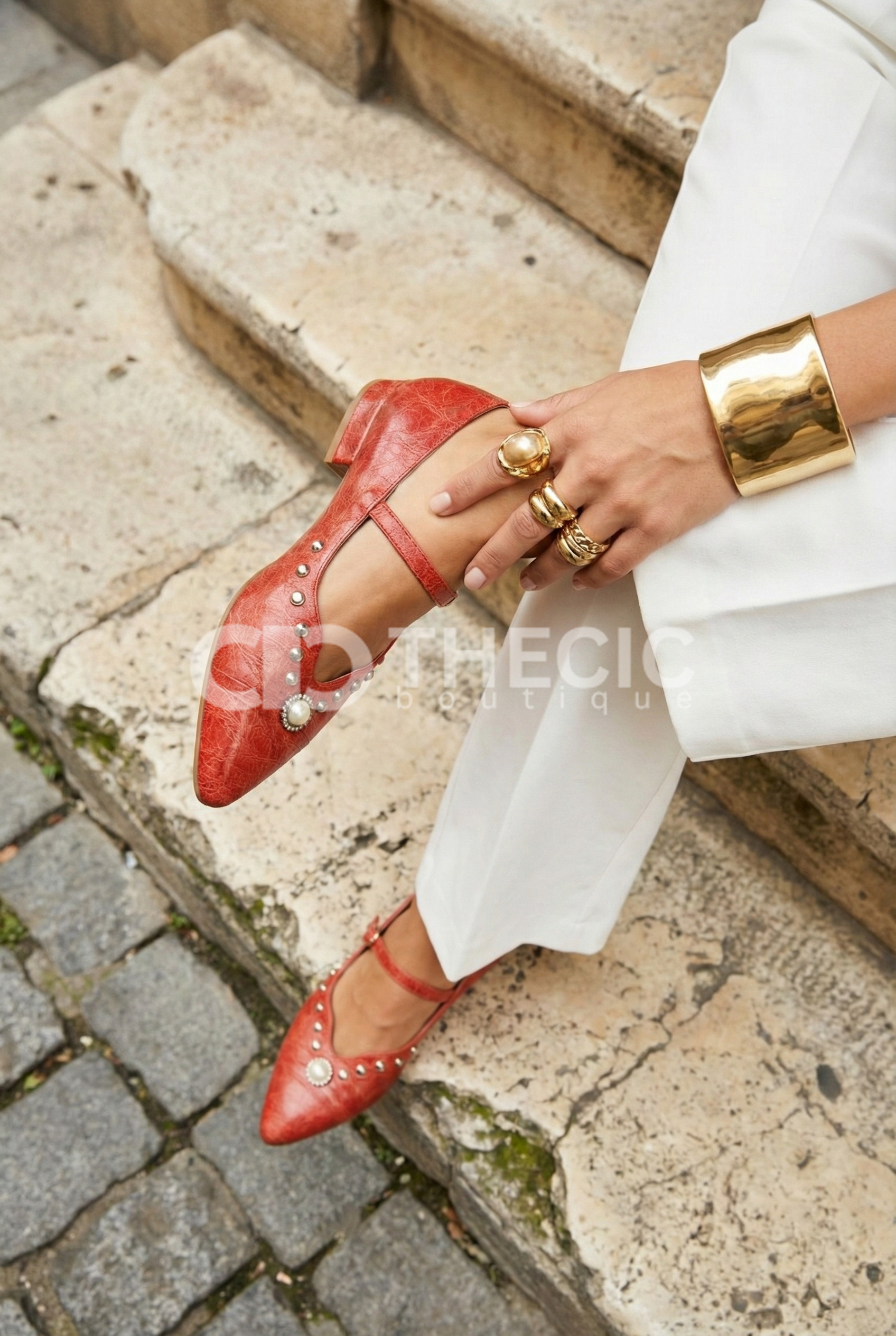 Studded Pearl Pointed-Toe Mary Jane Flats