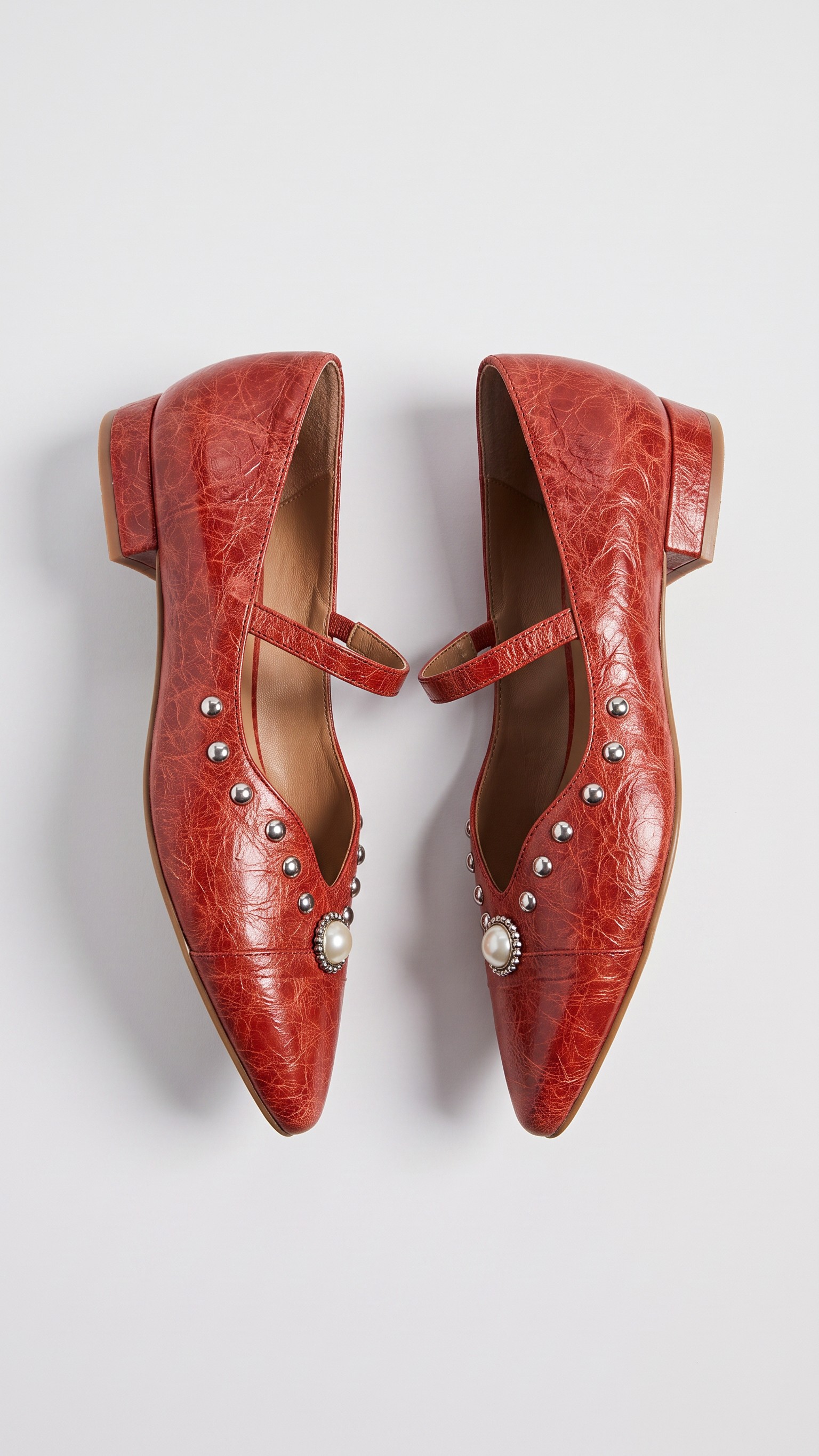 Studded Pearl Pointed-Toe Mary Jane Flats
