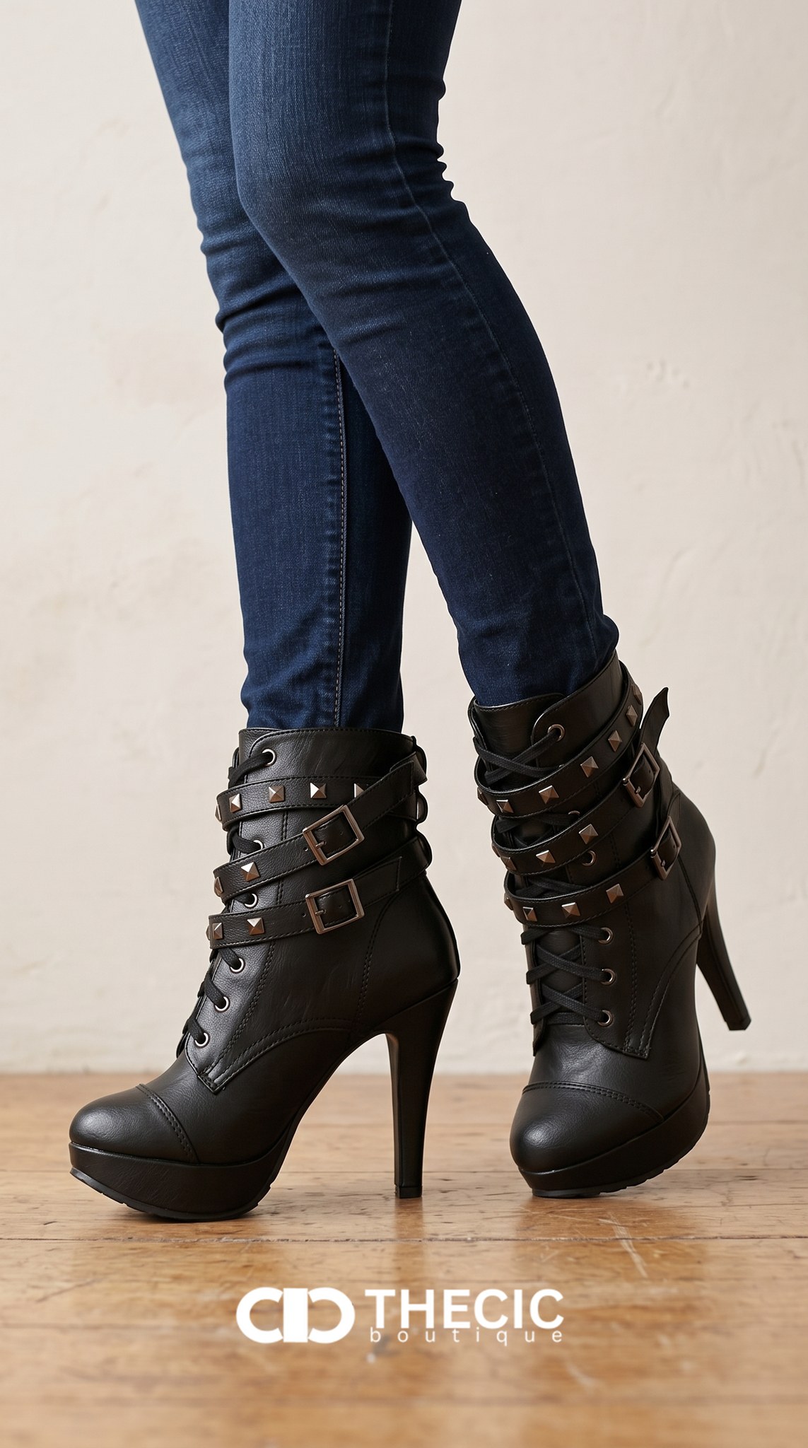 Studded Platform Lace-Up Stiletto Ankle Boots