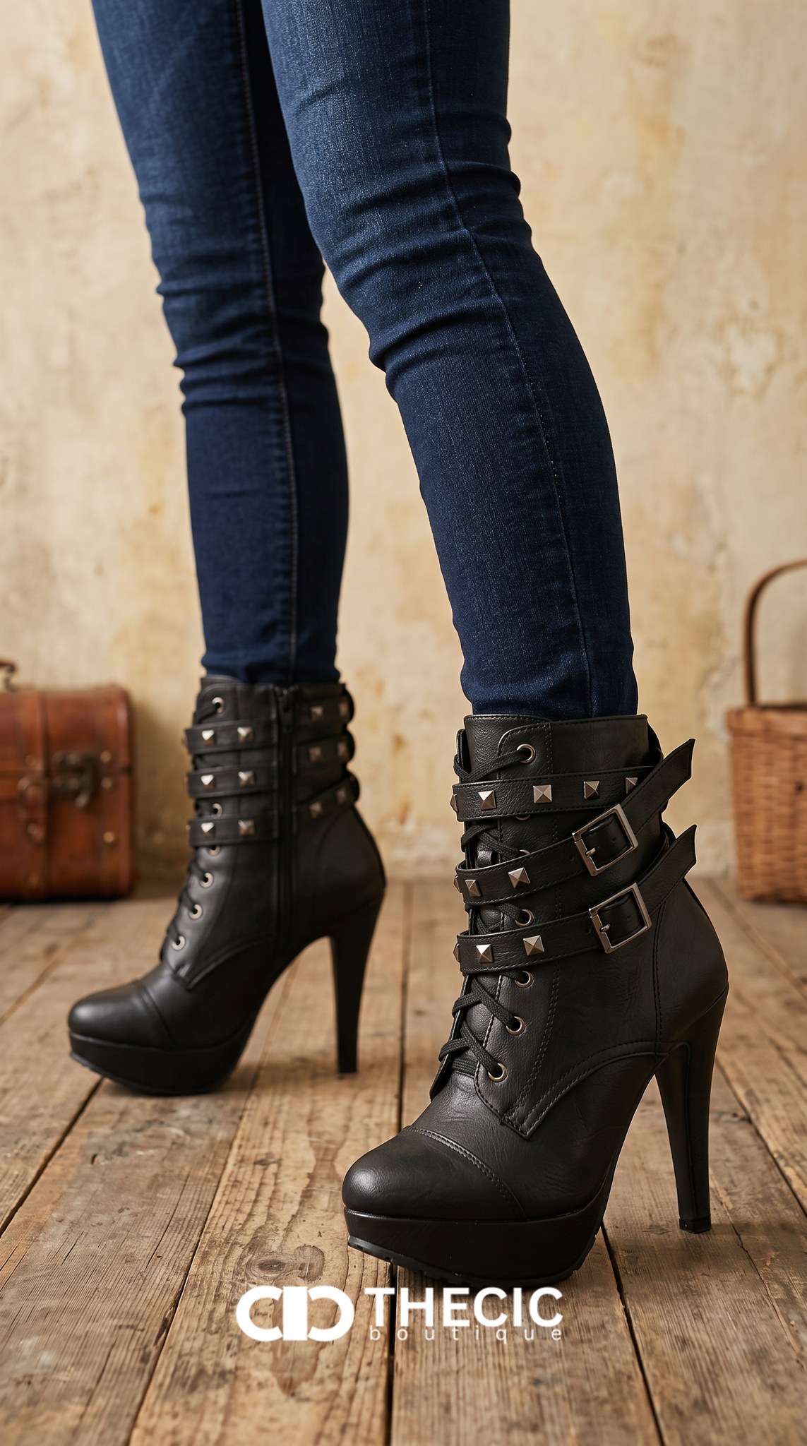 Studded Platform Lace-Up Stiletto Ankle Boots