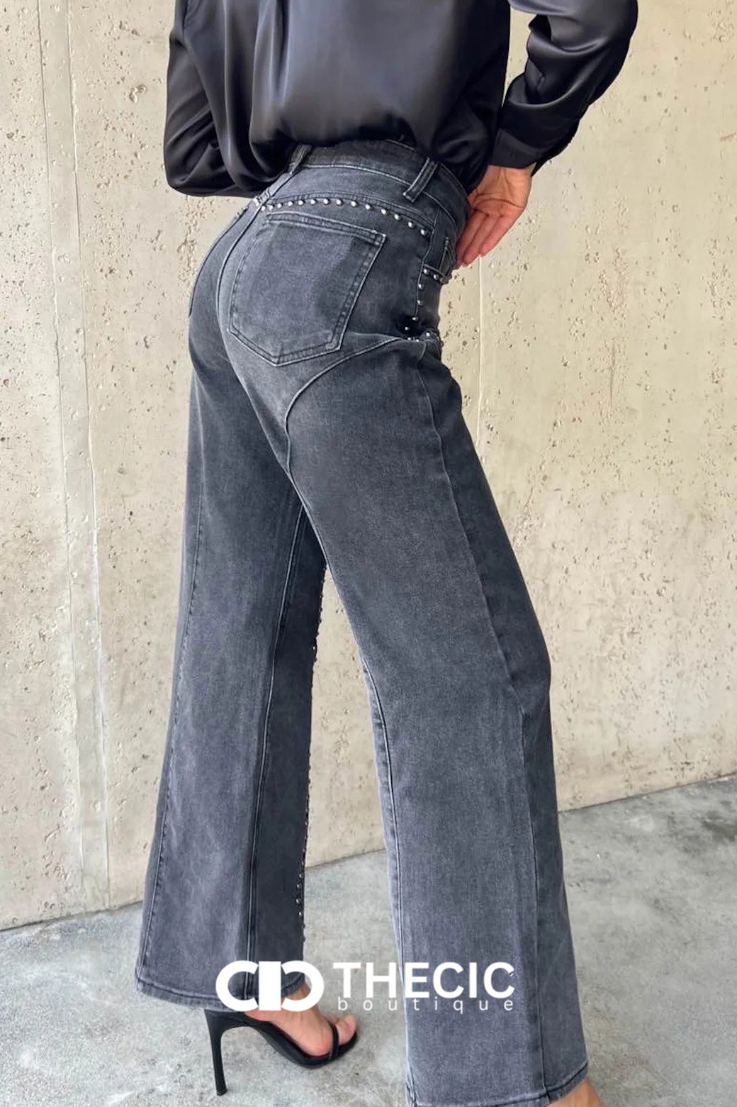 Studded Seam Denim Wide-Leg Jeans
