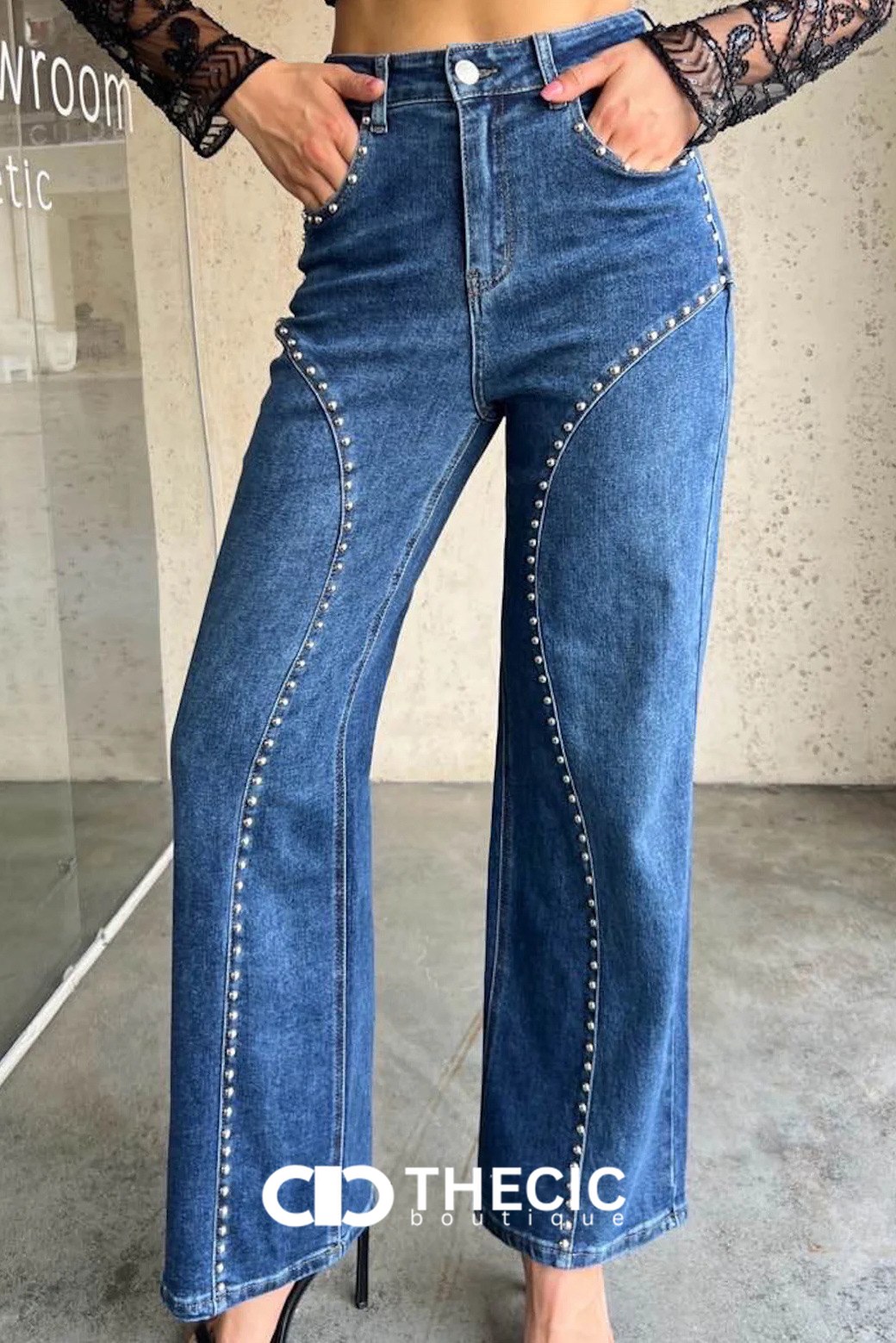 Studded Seam Denim Wide-Leg Jeans
