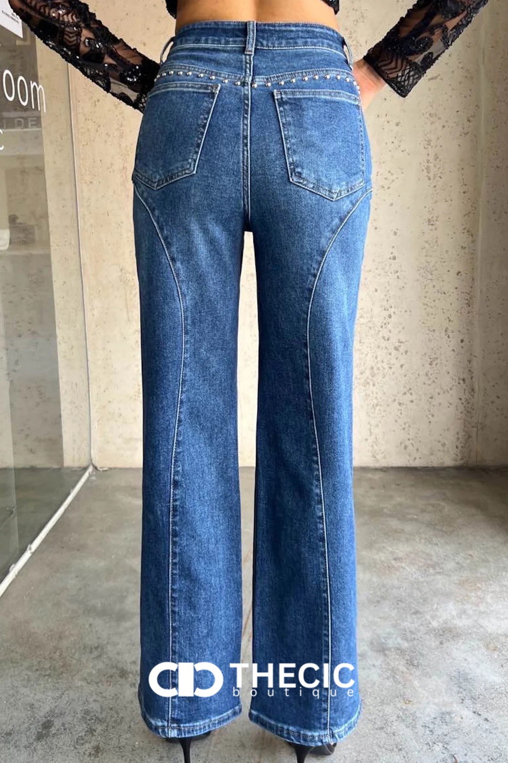 Studded Seam Denim Wide-Leg Jeans