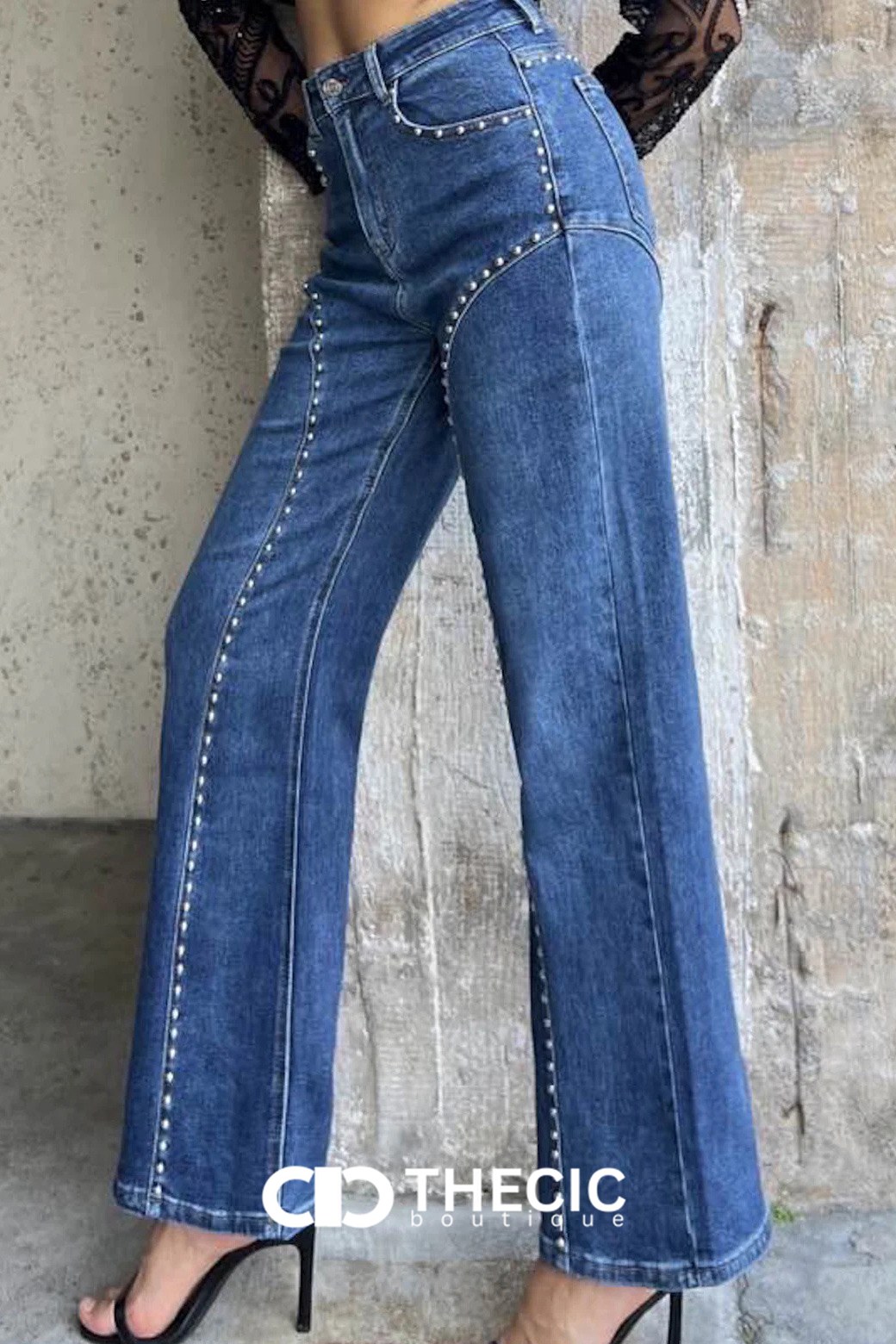 Studded Seam Denim Wide-Leg Jeans