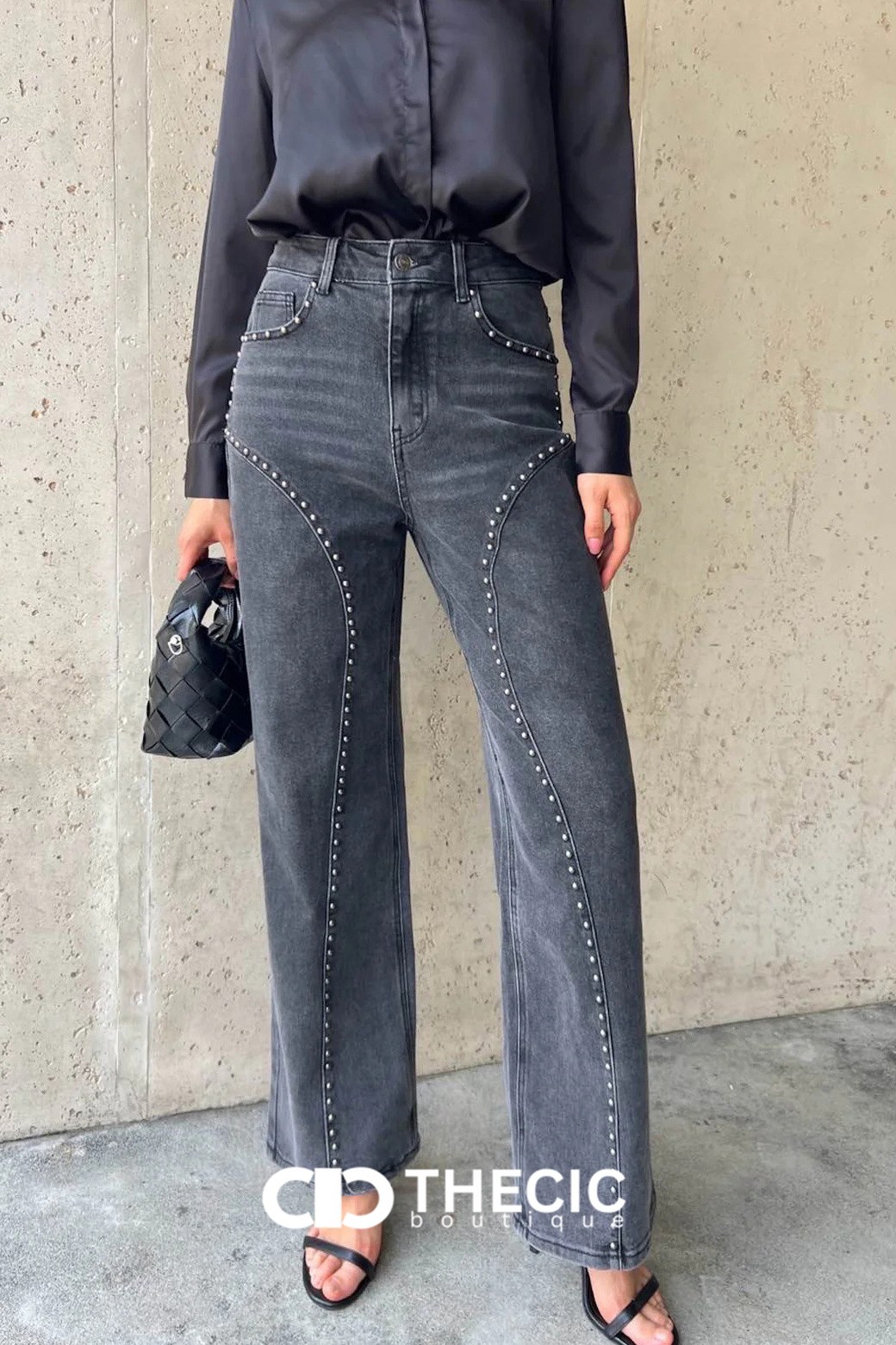 Studded Seam Denim Wide-Leg Jeans