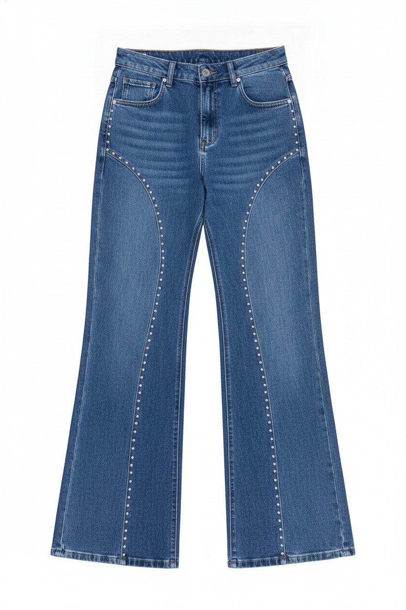 Studded Seam Denim Wide-Leg Jeans