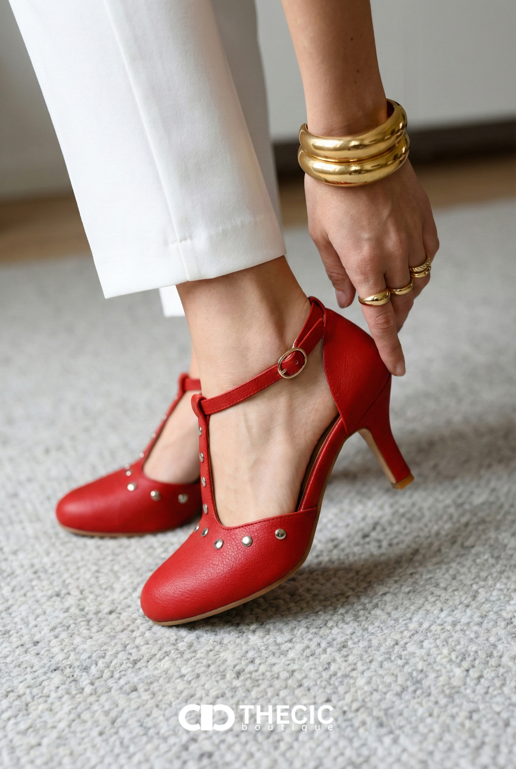 Studded T-Strap Kitten Heel Pumps