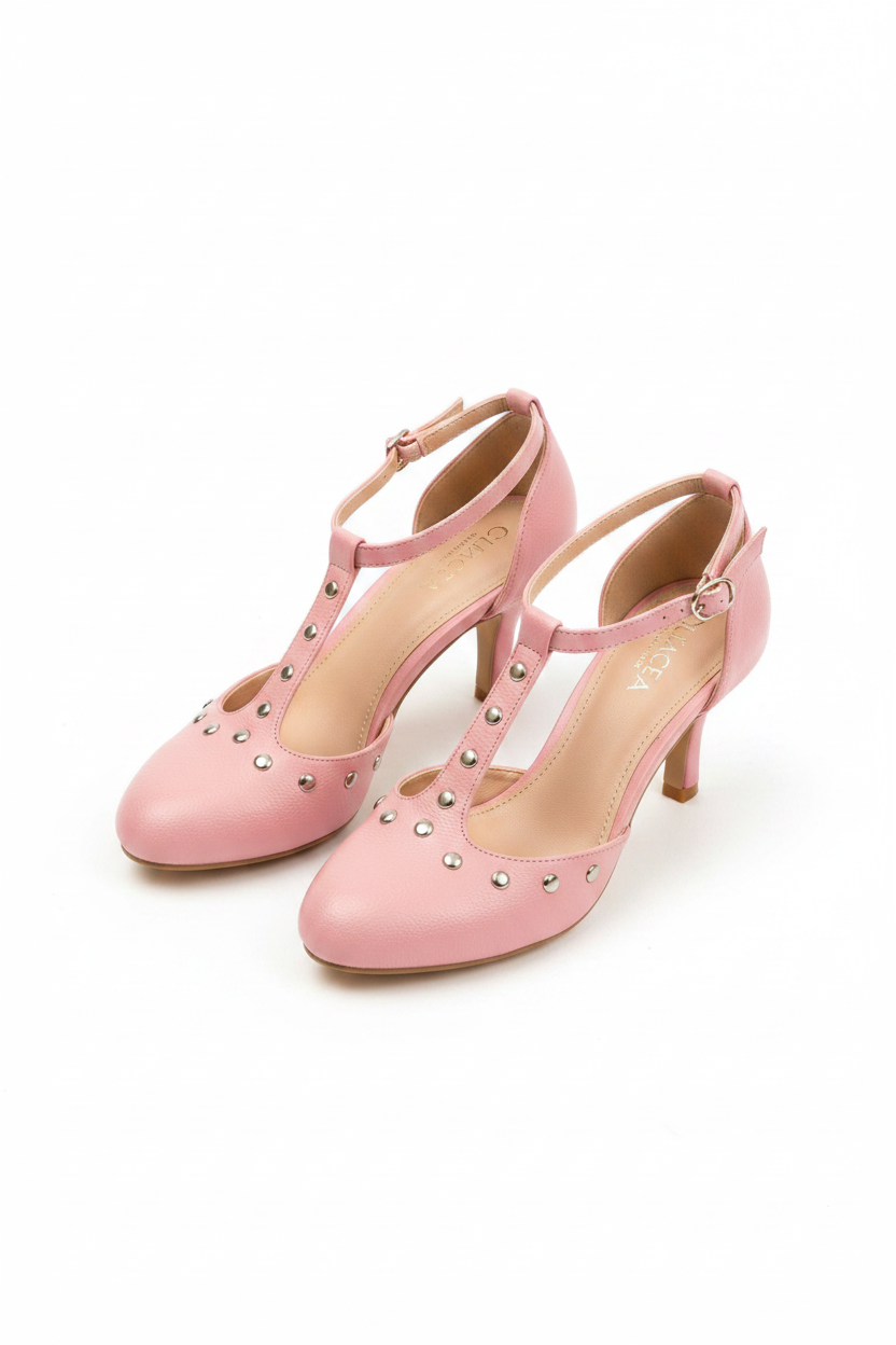 Studded T-Strap Kitten Heel Pumps