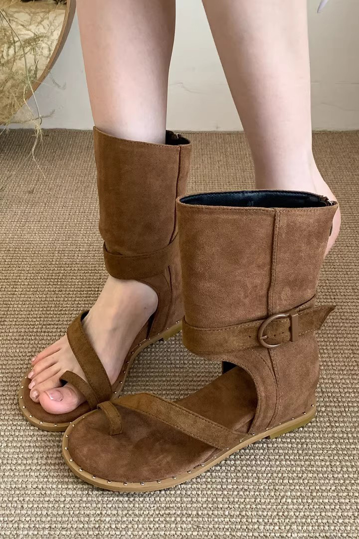 Suede Buckle Mid-Calf Toe-Ring Flat Sandals