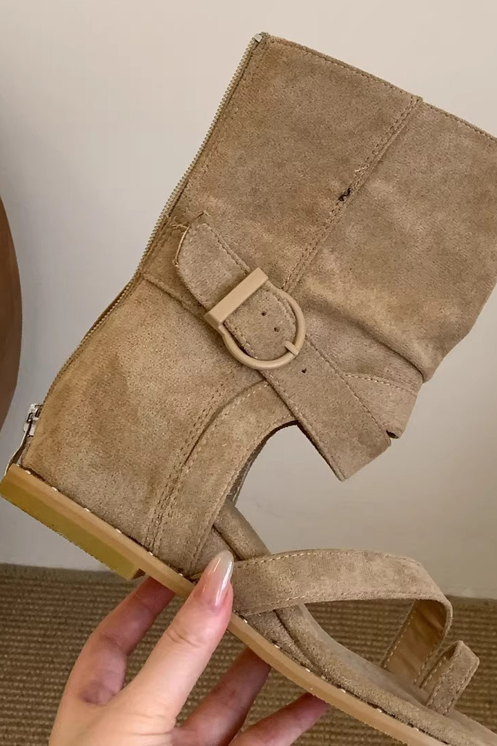 Suede Buckle Mid-Calf Toe-Ring Flat Sandals
