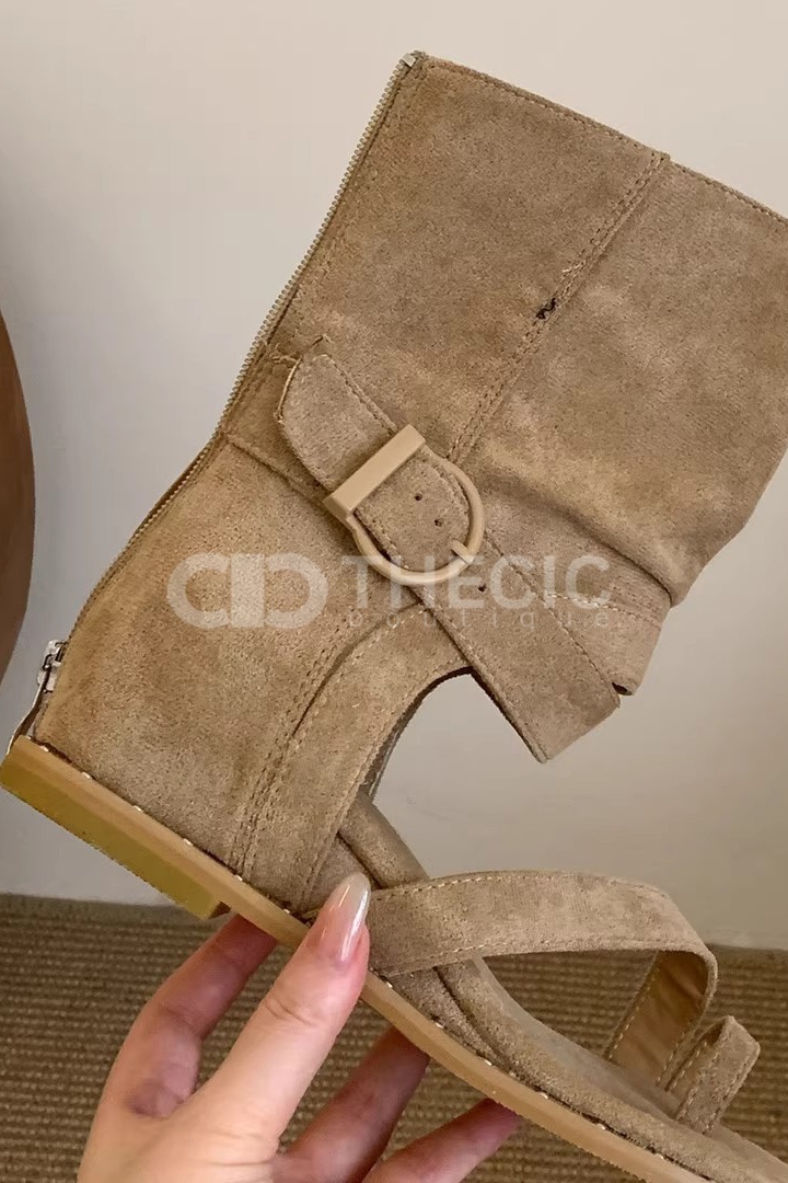 Suede Buckle Mid-Calf Toe-Ring Flat Sandals