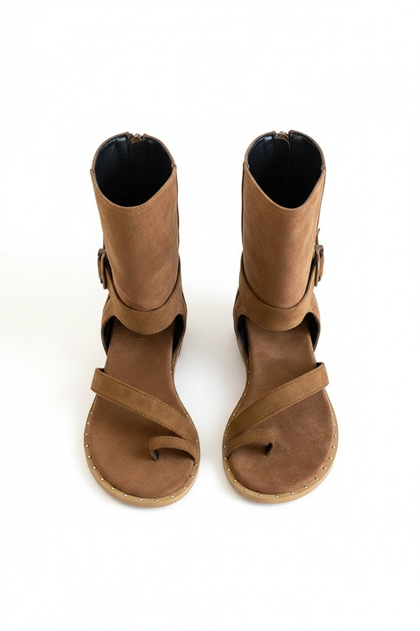 Suede Buckle Mid-Calf Toe-Ring Flat Sandals