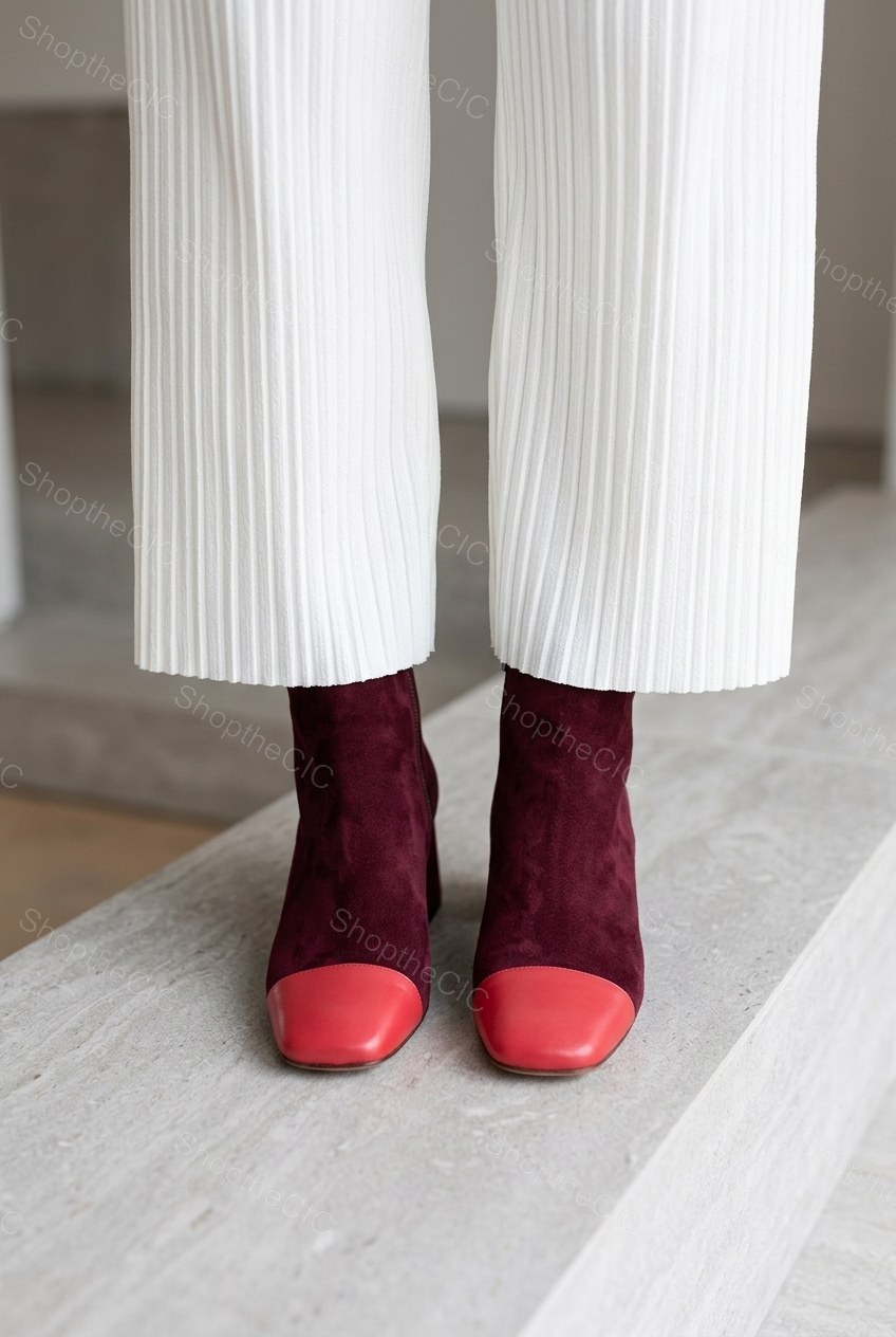Suede Colorblock Cap-Toe Block Heel Ankle Boots