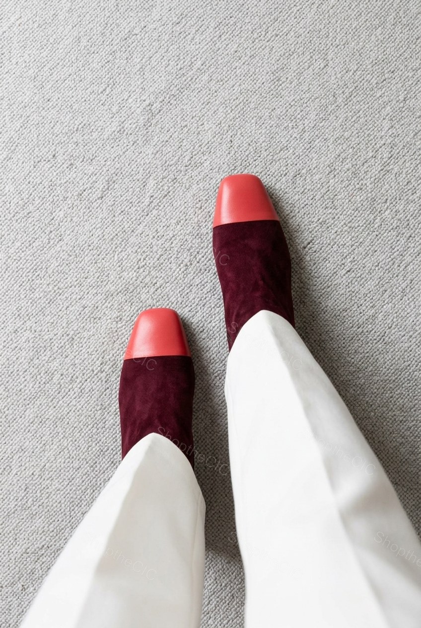 Suede Colorblock Cap-Toe Block Heel Ankle Boots