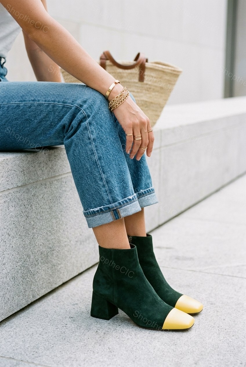 Suede Colorblock Cap-Toe Block Heel Ankle Boots