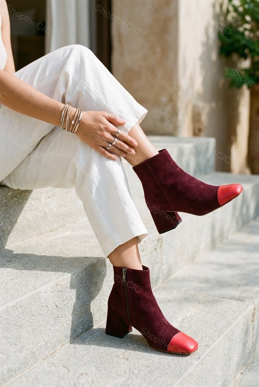 Suede Colorblock Cap-Toe Block Heel Ankle Boots