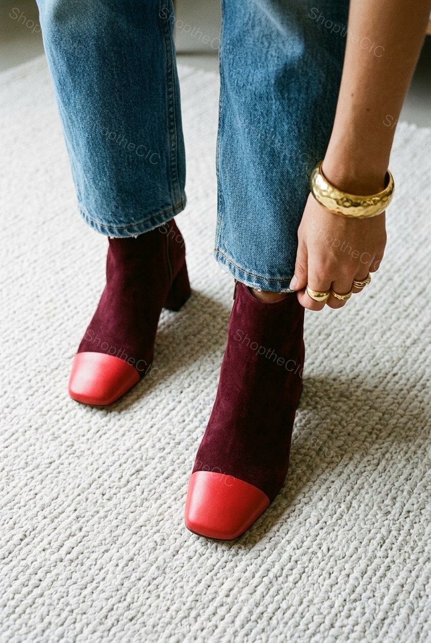 Suede Colorblock Cap-Toe Block Heel Ankle Boots