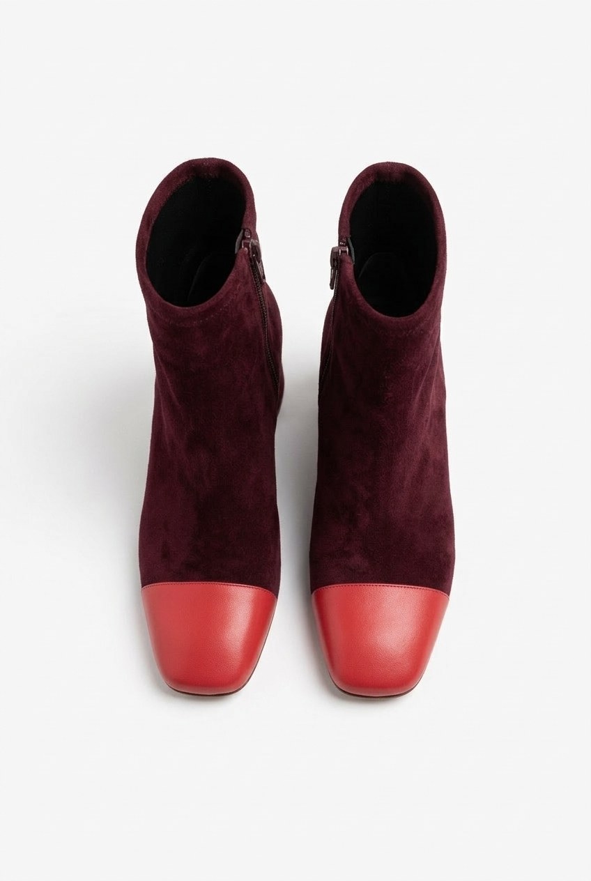 Suede Colorblock Cap-Toe Block Heel Ankle Boots