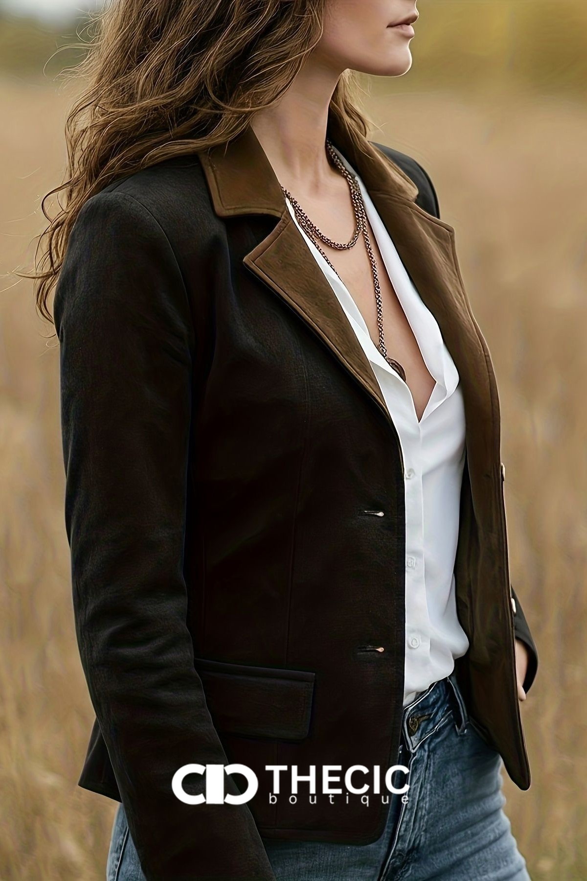 Suede Contrasting Lapel Two-Button Fitted Blazer