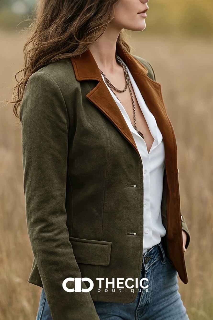Suede Contrasting Lapel Two-Button Fitted Blazer