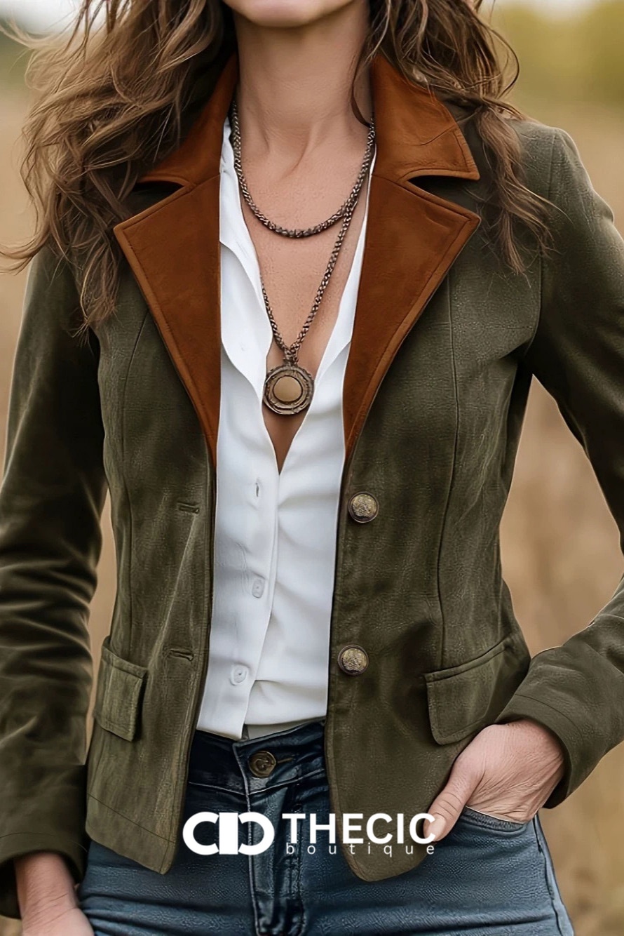 Suede Contrasting Lapel Two-Button Fitted Blazer