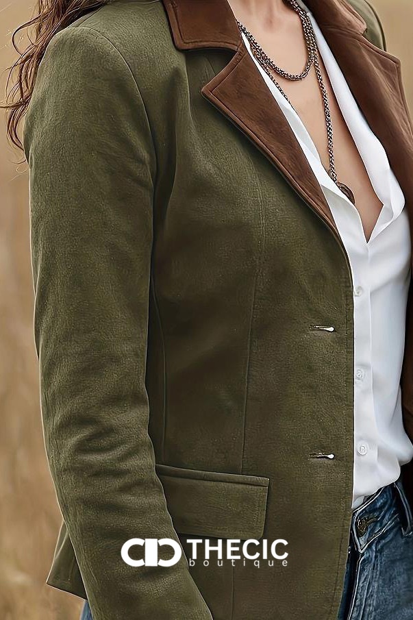 Suede Contrasting Lapel Two-Button Fitted Blazer