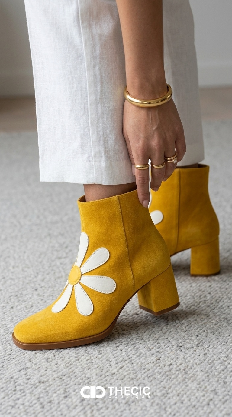 Suede Daisy Appliqué Square-Toe Block Heel Ankle Boots