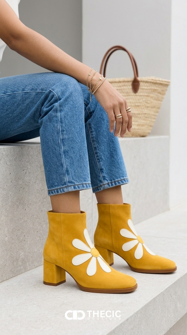 Suede Daisy Appliqué Square-Toe Block Heel Ankle Boots