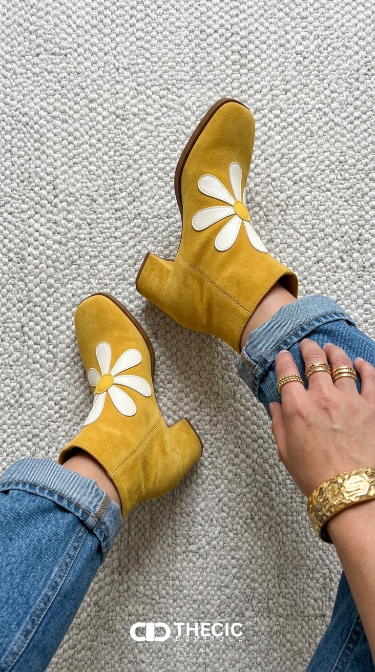 Suede Daisy Appliqué Square-Toe Block Heel Ankle Boots