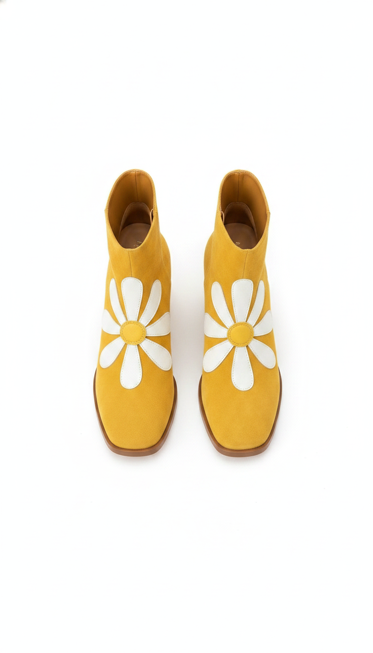 Suede Daisy Appliqué Square-Toe Block Heel Ankle Boots