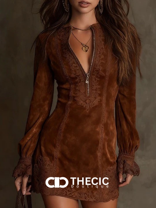 Suede-Effect Lace Trim Zipper Mini Dress