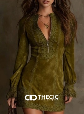 Suede-Effect Lace Trim Zipper Mini Dress