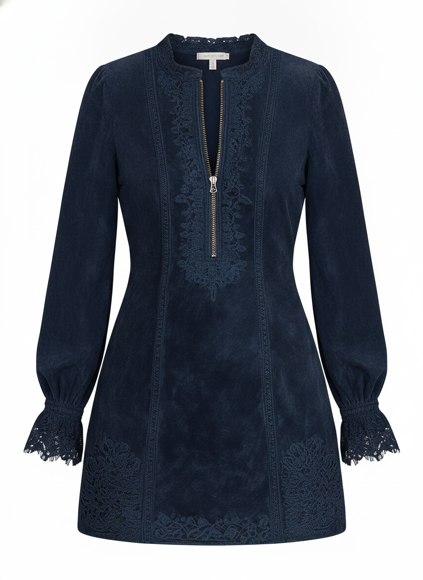 Suede-Effect Lace Trim Zipper Mini Dress