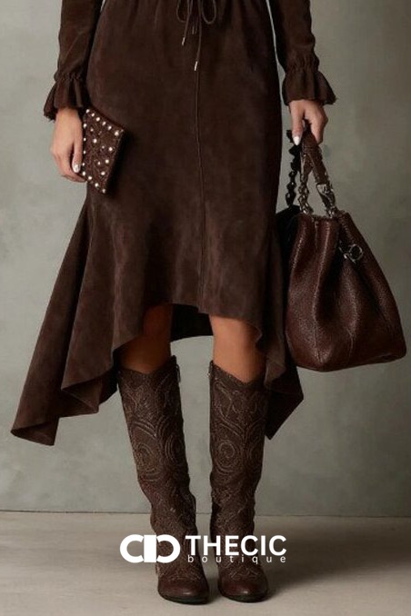 Suede-Effect Mock Neck Ruffled Hem Midi Dress