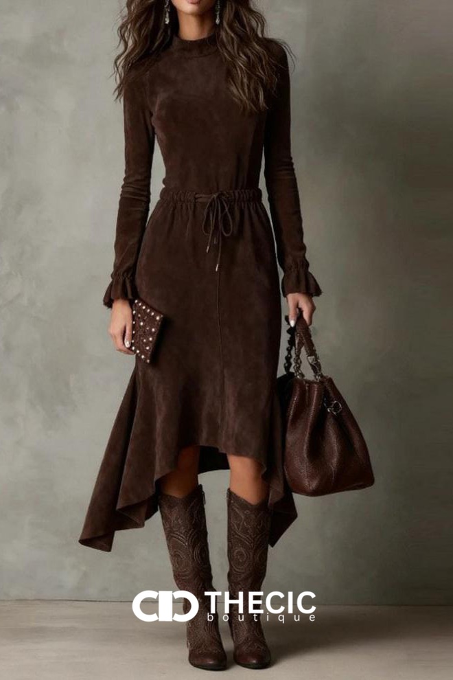 Suede-Effect Mock Neck Ruffled Hem Midi Dress