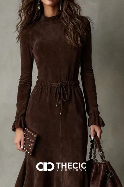 Suede-Effect Mock Neck Ruffled Hem Midi Dress