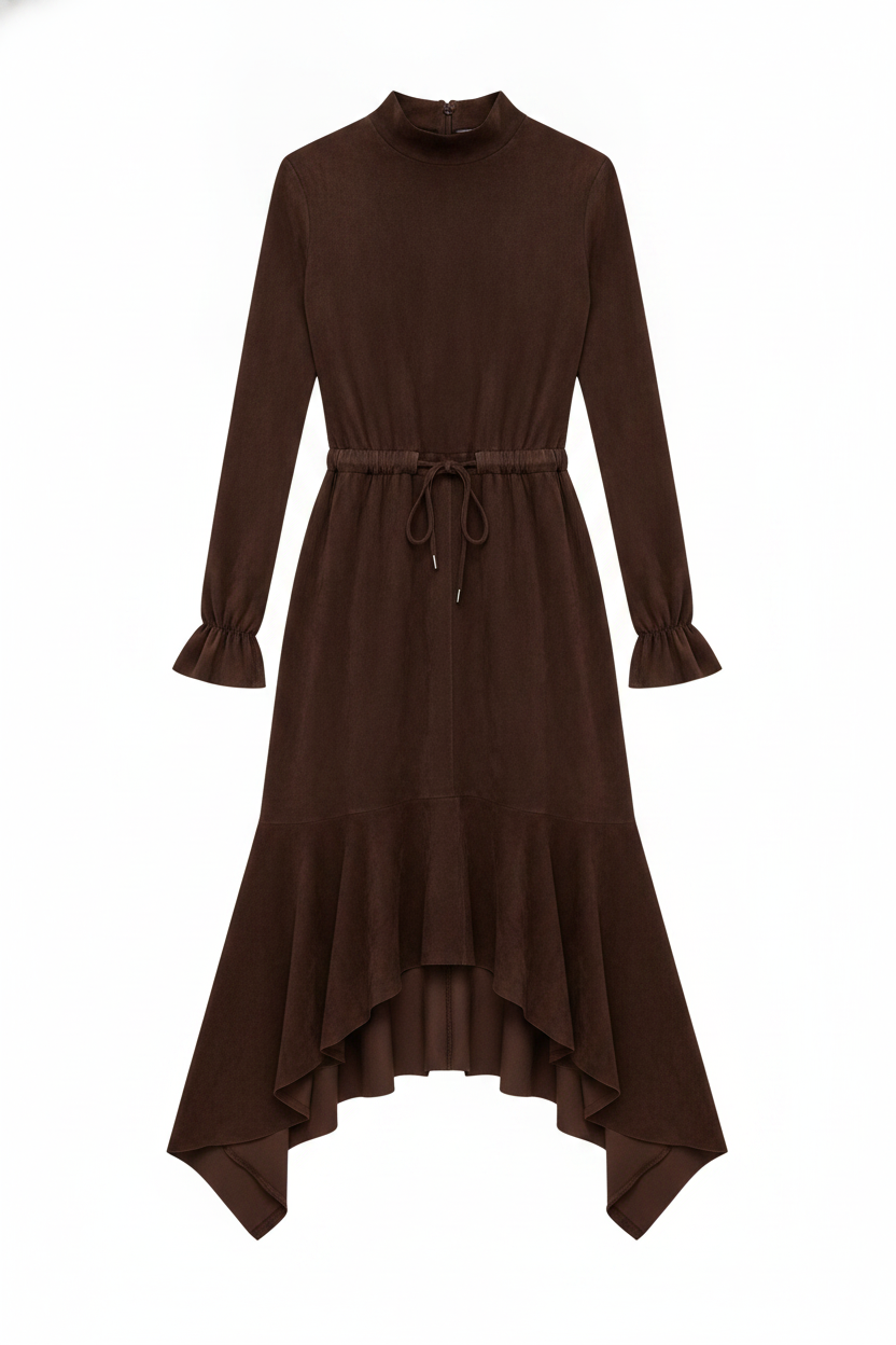 Suede-Effect Mock Neck Ruffled Hem Midi Dress