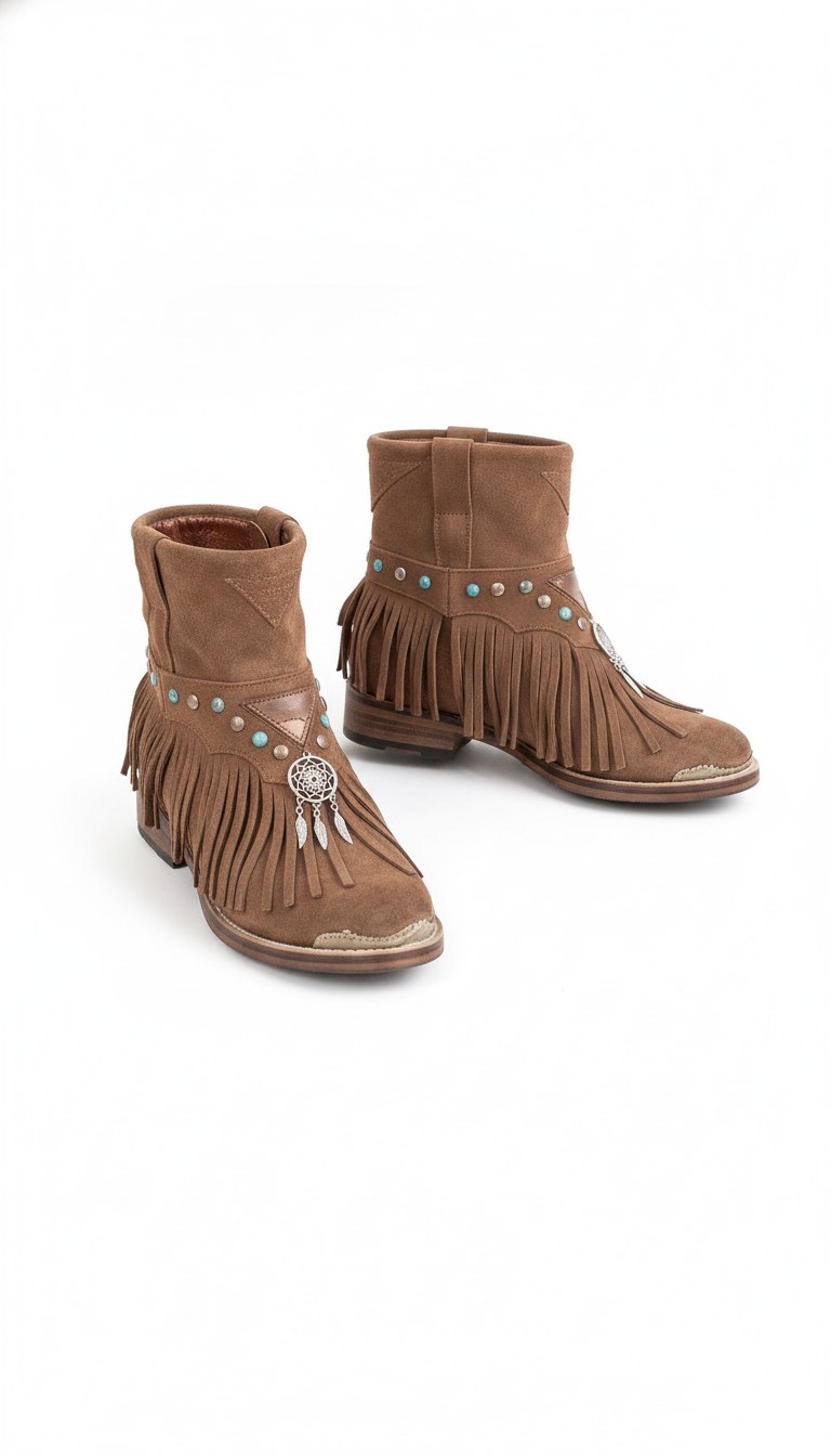 Suede Fringe Ankle Boots with Turquoise Accents