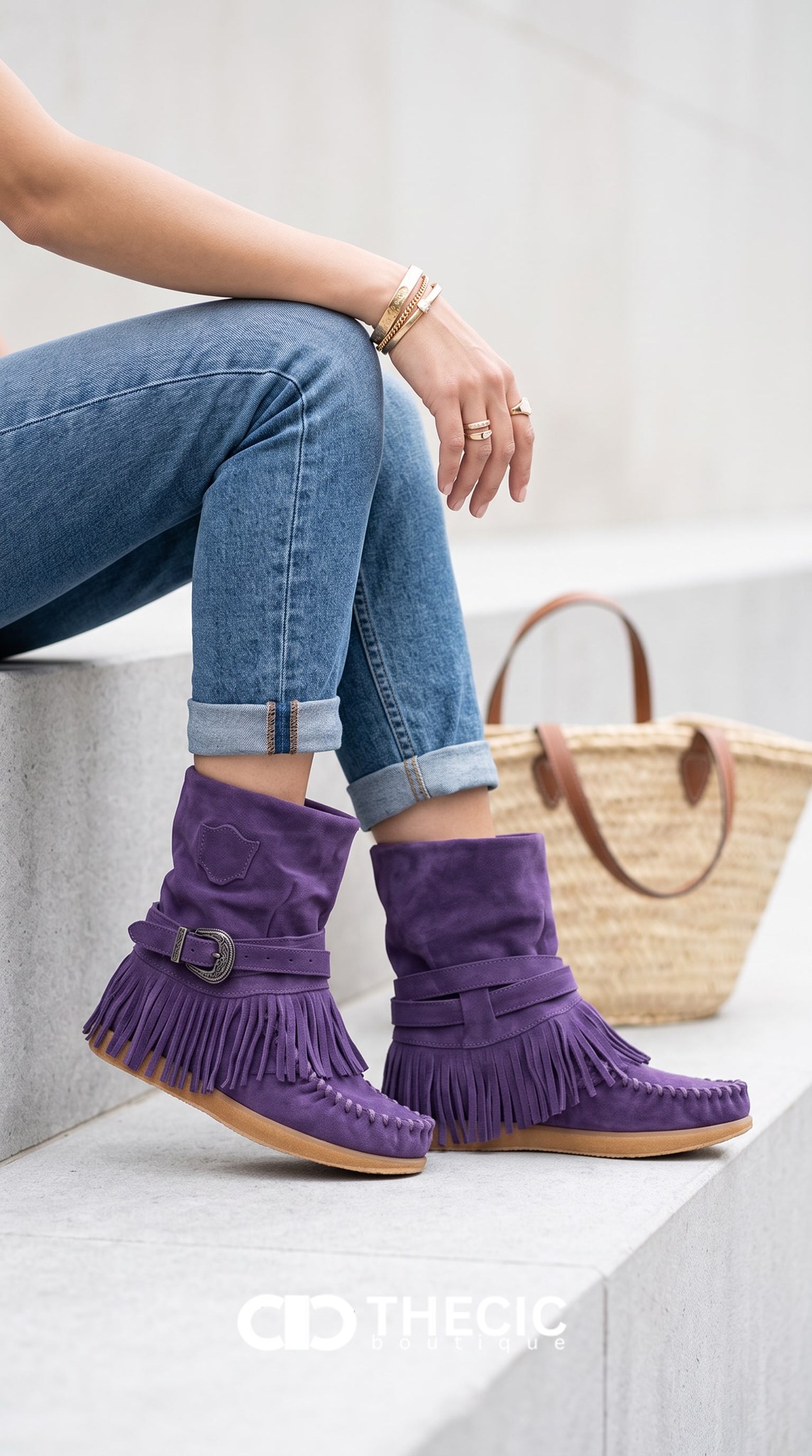 Suede Fringed Buckle Moccasin Ankle Boots