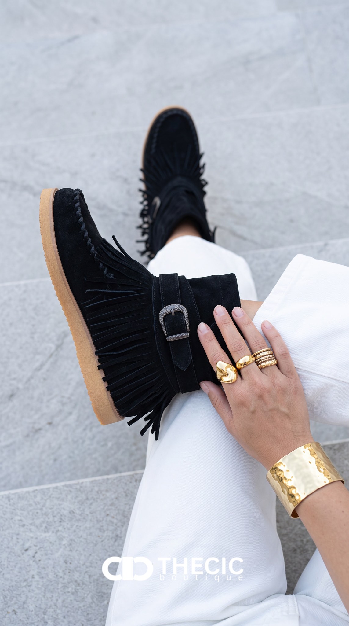 Suede Fringed Buckle Moccasin Ankle Boots