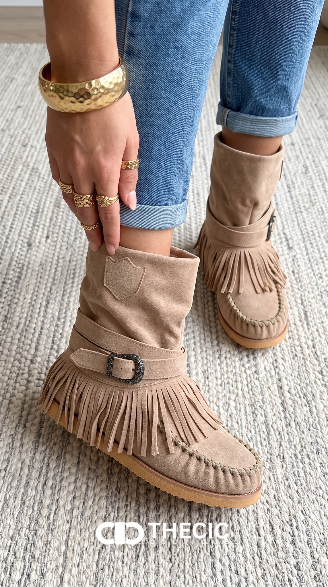 Suede Fringed Buckle Moccasin Ankle Boots