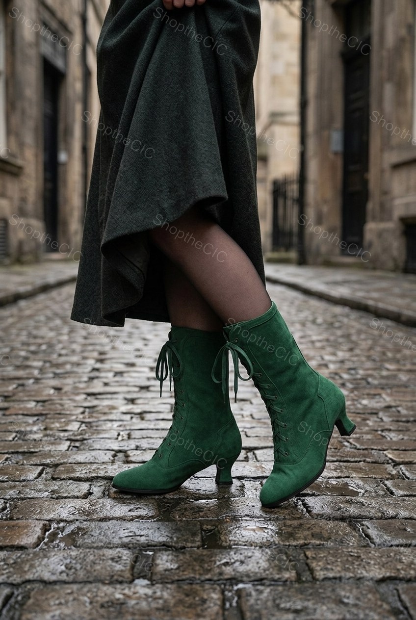 Suede Lace-Up Kitten Heel Mid-Calf Boots