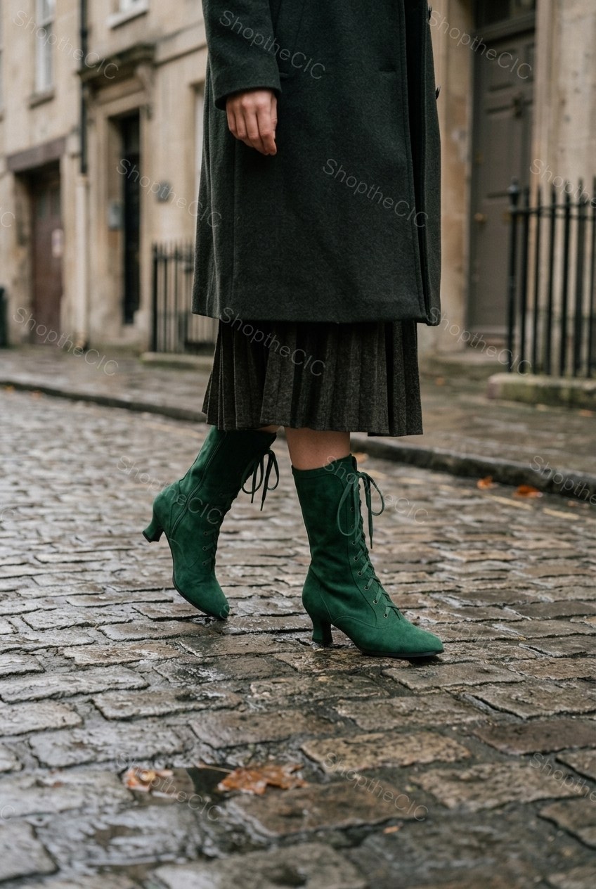 Suede Lace-Up Kitten Heel Mid-Calf Boots