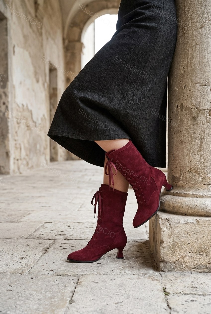 Suede Lace-Up Kitten Heel Mid-Calf Boots