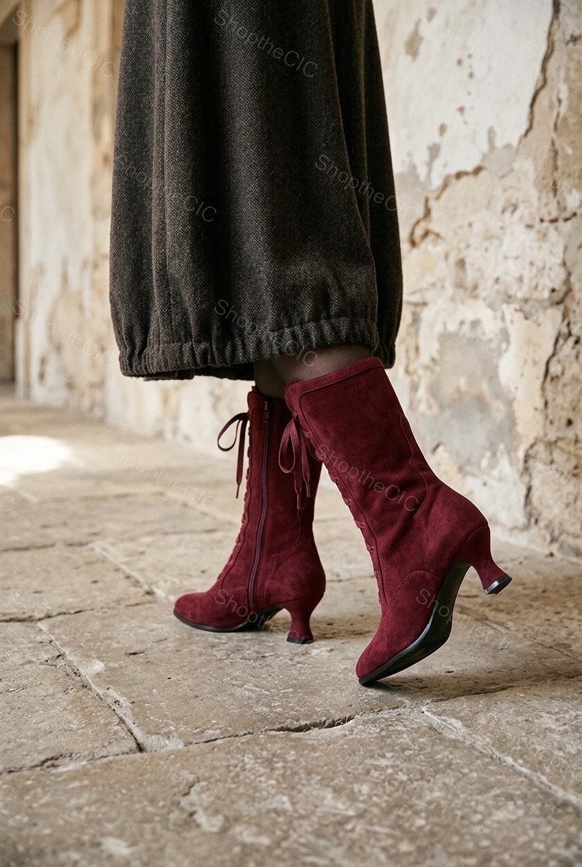 Suede Lace-Up Kitten Heel Mid-Calf Boots
