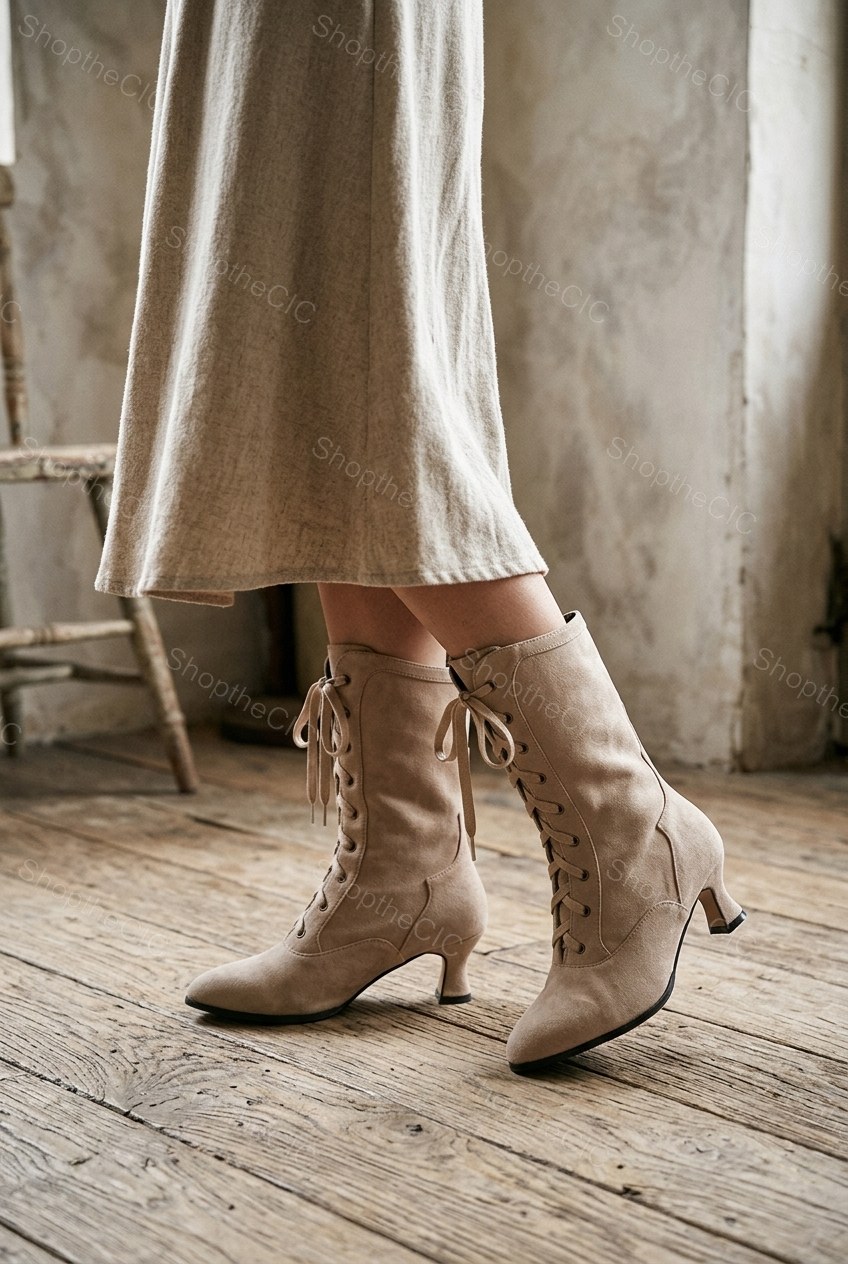 Suede Lace-Up Kitten Heel Mid-Calf Boots