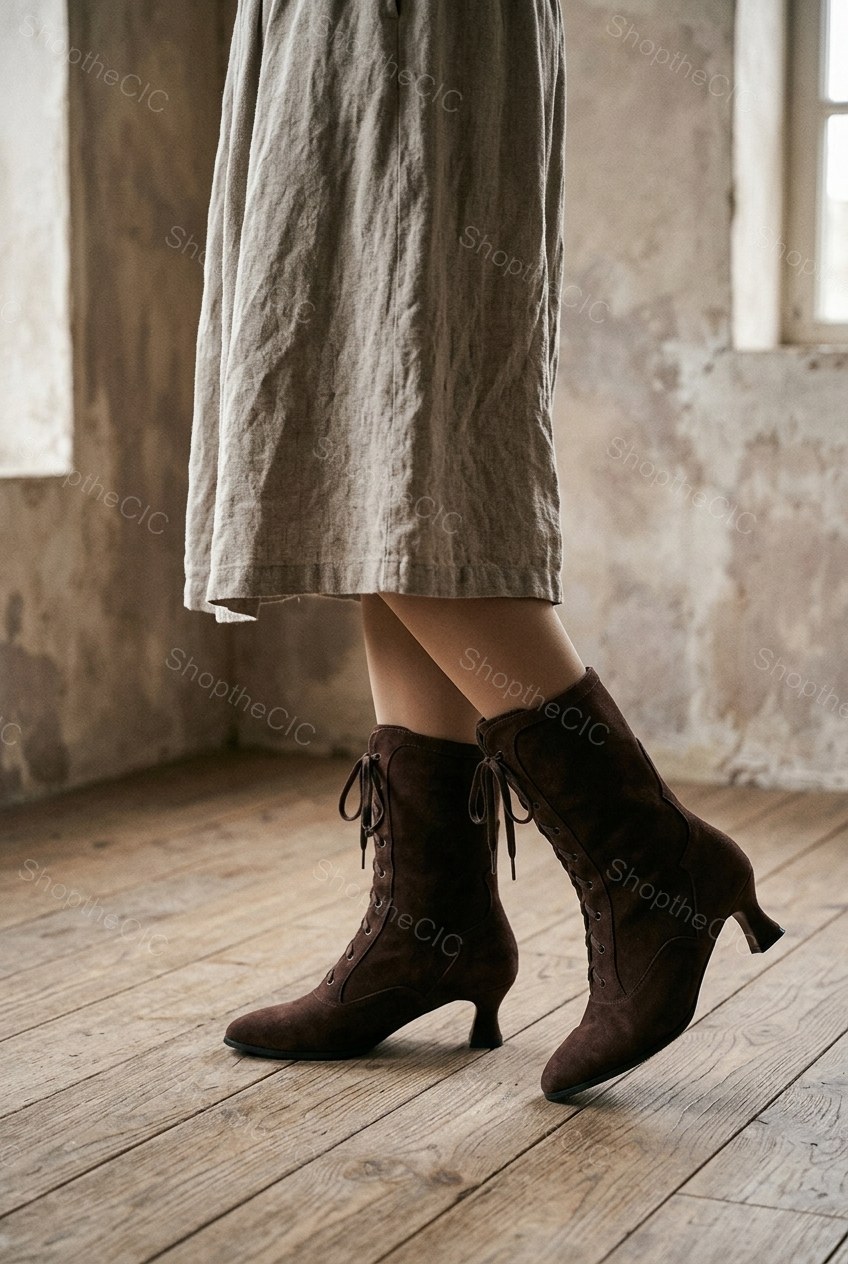 Suede Lace-Up Kitten Heel Mid-Calf Boots