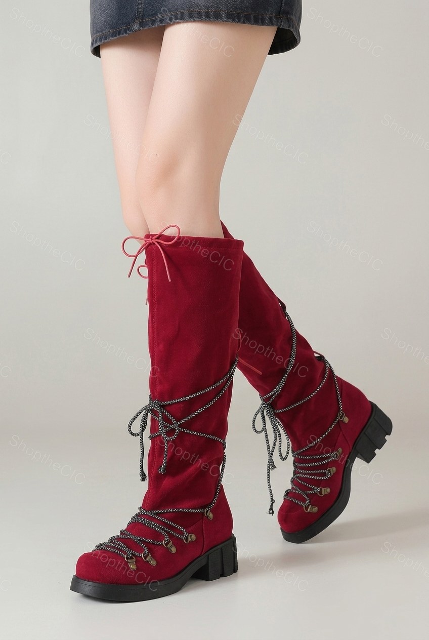 Suede Lace-Up Lug Sole Knee-High Boots