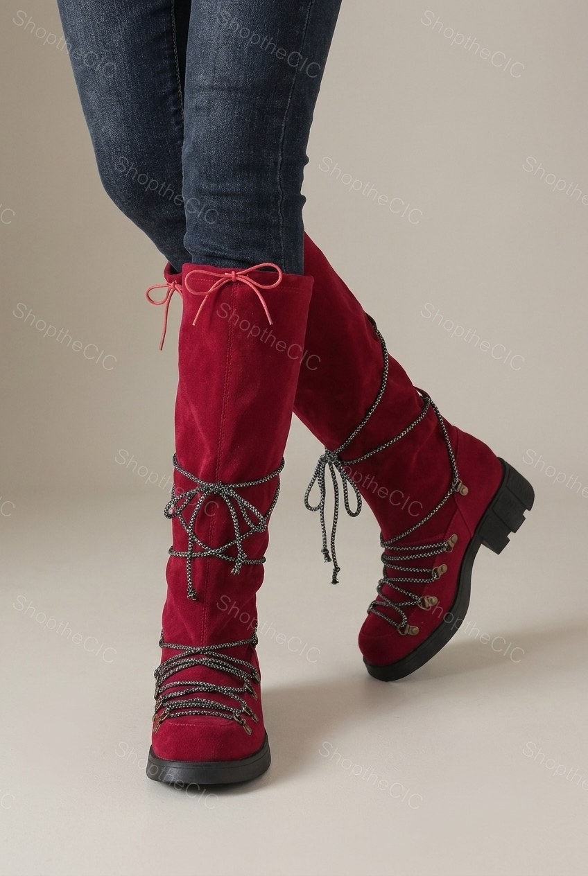 Suede Lace-Up Lug Sole Knee-High Boots
